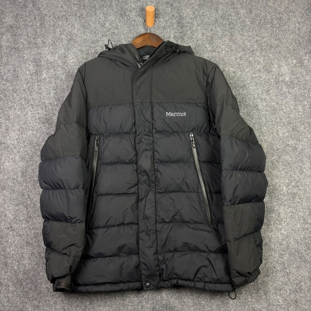 Marmot Puffer Jacket Mens Medium Black 700 Fill Down Hooded Parka Coat Outdoor